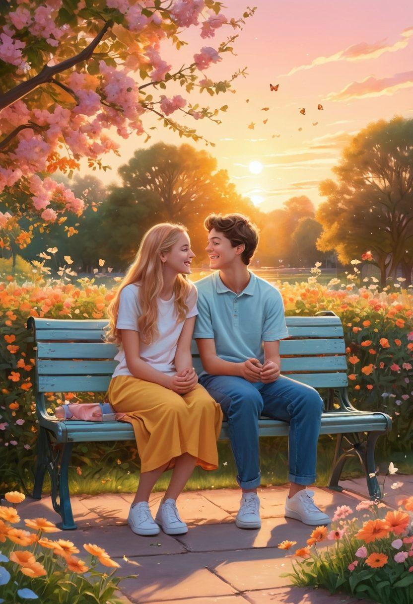 A warm and colorful illustration of two teenagers sitting on a park bench, sharing secrets and laughter, surrounded by blooming flowers and butterflies symbolizing growth. Soft pastel colors enhance the joyful and romantic atmosphere, while a dreamy sunset wraps the scene in a golden hue. Include subtle imagery of hearts and stars in the background to reflect emotional connections. cartoon style. vibrant colors.