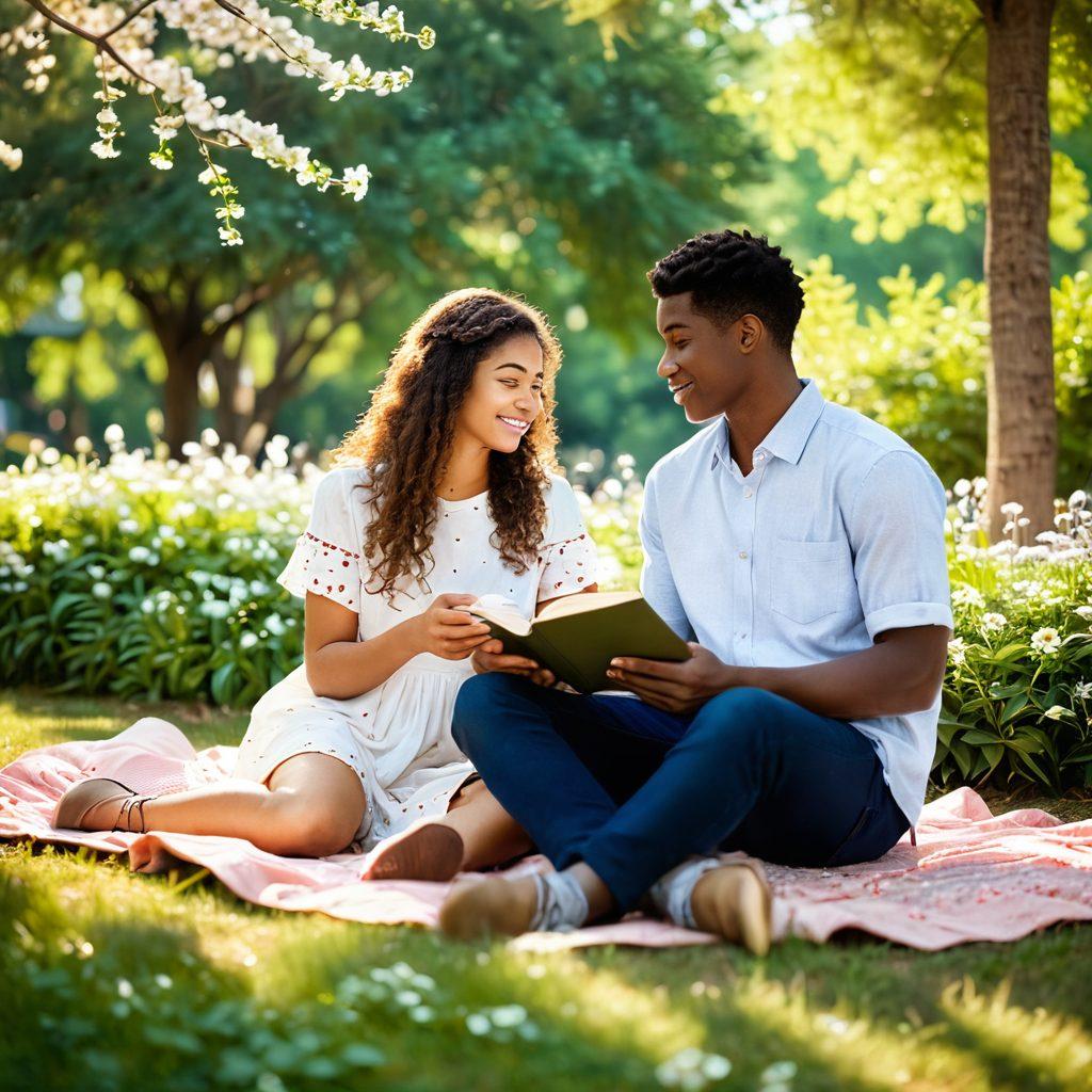 A warm, cozy scene of two young people sitting close together in a sunlit park, sharing a heartfelt conversation, surrounded by blooming flowers and lush greenery. Soft, heart-shaped bokeh sparkles around them, symbolizing compassion and connection. Include subtle elements like a journal and a cup of herbal tea nearby to represent intimacy and reflection. super-realistic. vibrant colors. soft focus.