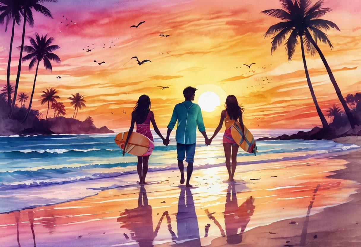 A whimsical illustration of two teenagers on a vibrant beach at sunset, holding hands and laughing as they navigate their colorful surfboards through gentle waves. Surround them with playful sea creatures like dolphins and starfish, adding a dreamy, romantic atmosphere. In the background, silhouette palm trees sway gently, embodying the spirit of young love. watercolor style. warm hues. dynamic composition.